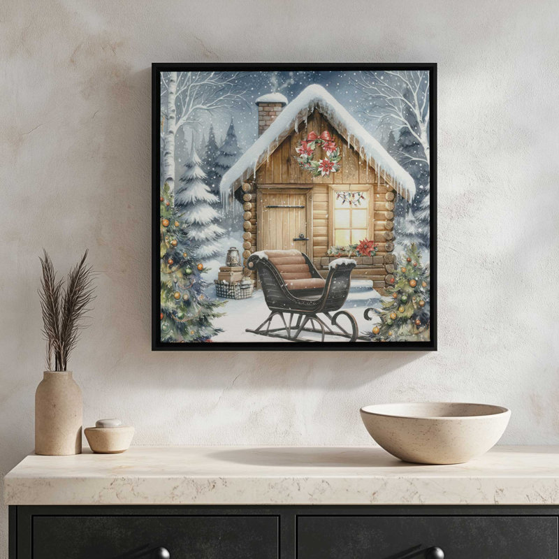 «Christmas Cabin with Sleigh» par Nicole DeCamp, reproduction d'art, H 31,5 po x l 31,5 po, Noir, Toile avec cadre