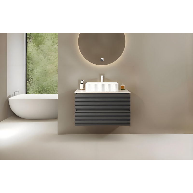 Meuble-lavabo flottant mural moderne de 30 po avec lavabo vasque, armoire de rangement rayée en contreplaqué avec 2 tiroirs, lavabo en céramique blanche et comptoir blanc Carrara