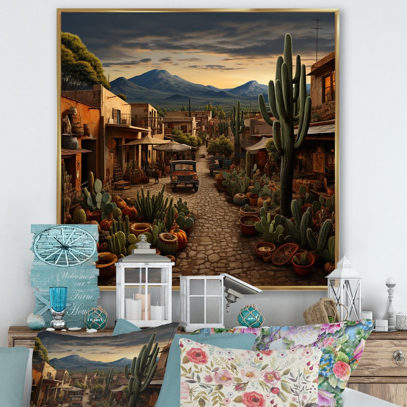 Jour de marché mexicain I - art mural mexicain pour le salon, H 36 po x l 36 po x P 1,5 po, Cadre flottant doré