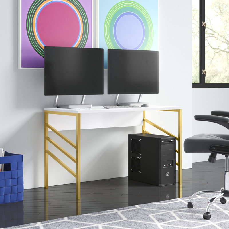 Ricka Modern Writing Desk With Metal Legs, White/Gold