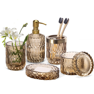 Ensemble d'accessoires de salle de bain en verre transparent 6 pièces (distributeur de savon à lotion, porte-savon, porte-brosse à dents, gobelet, pot de coton-tige), brun