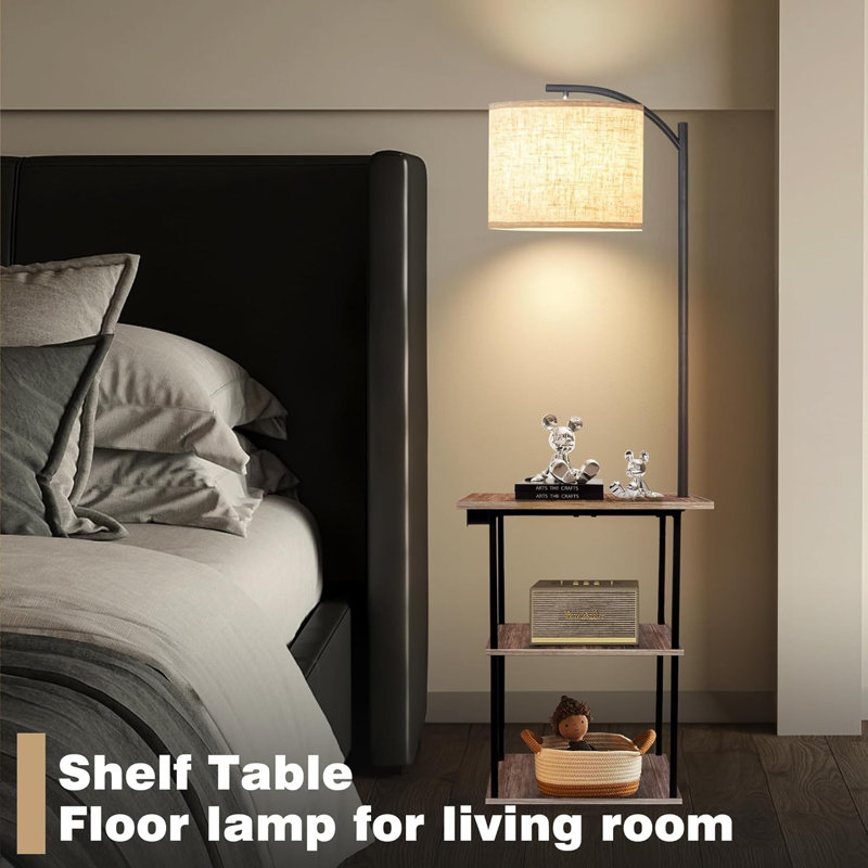 Floor Lamp With Side Table And Charging Station, 3-Way USB/Type-C/AC Outlets, 3 Color Temperature LED Bulb, Modern Shelves Nightstand For Bedroom, Living Room, Office