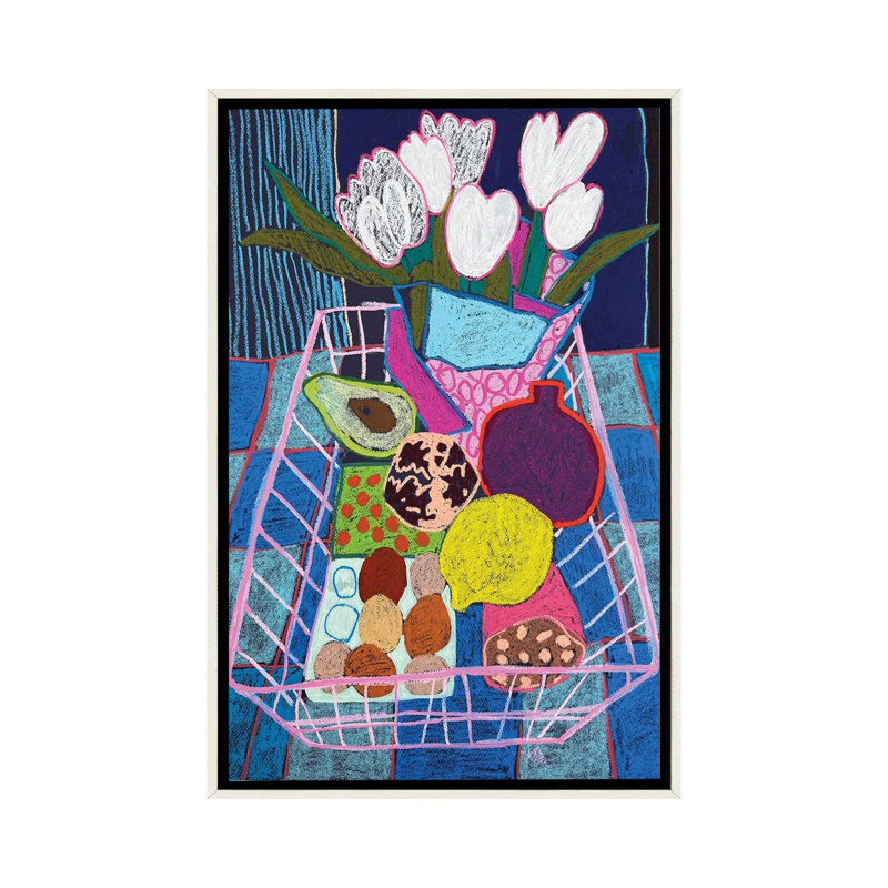 «Pink Basket Still Life», reproduction d'art sur toile encadrée, 26" x 18", Framed Canvas, Distressed White