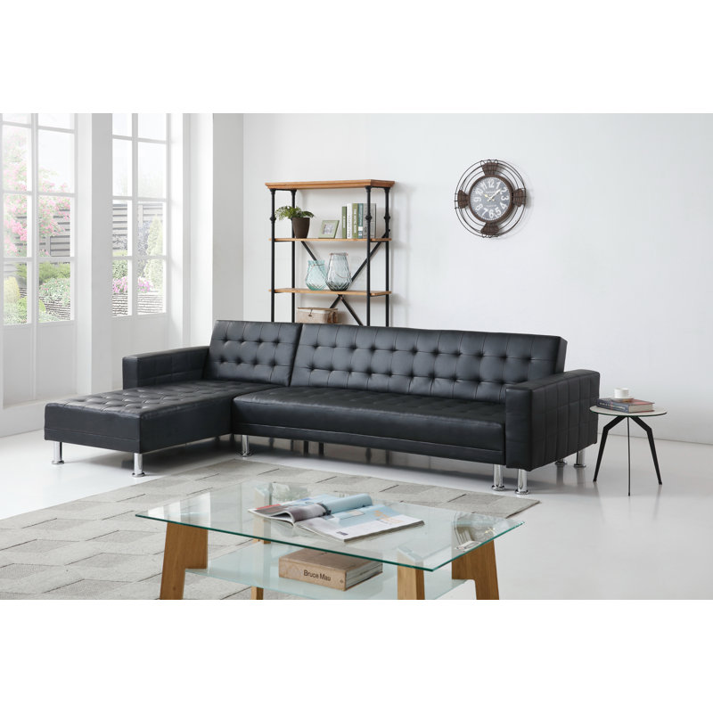 Laux Faux Leather L-Shaped Sectional Reversible, Black Faux Leather