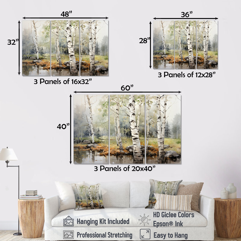 «Green Birch Wood Beauty I - Tree Birch», ensemble d'art sur toile, H 40 po x l 60 po x P 1 po, Toile tendue
