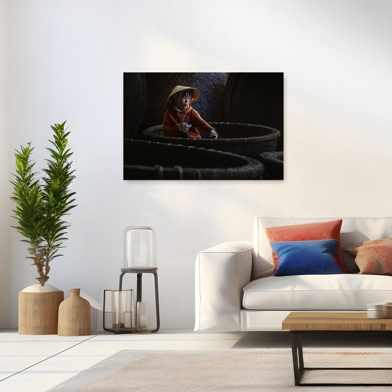 Art mural vietnamien traditionnel tissé serein, 32" H x 48" W