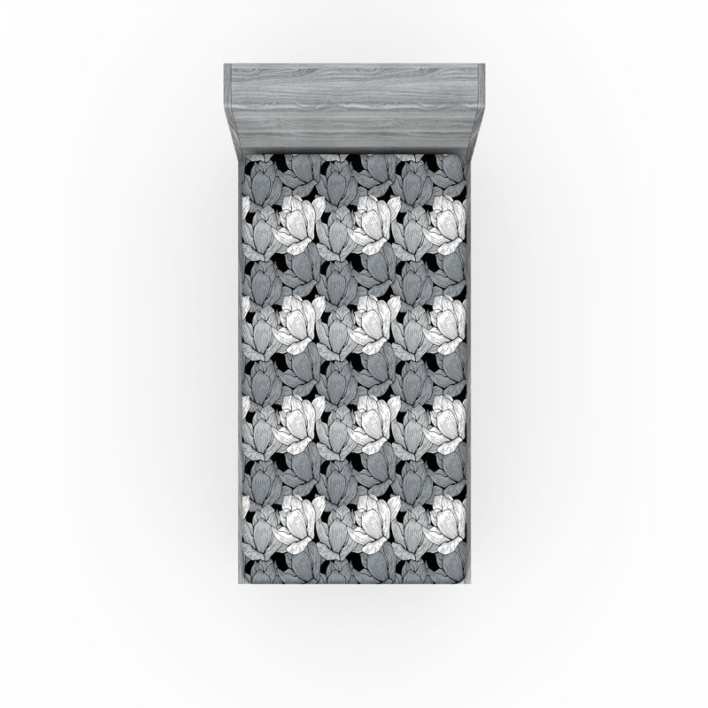 Ensemble de 2 draps-housses Ambesonne, Drap-housse de taille simple, Noir, gris, blanc / floral
