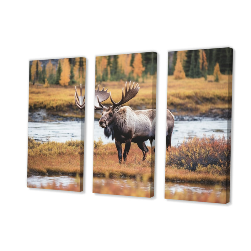 «Moose In Alaska Scenery I», reproduction sur toile 3 pièces, H 32 po x l 48 po x P 1 po