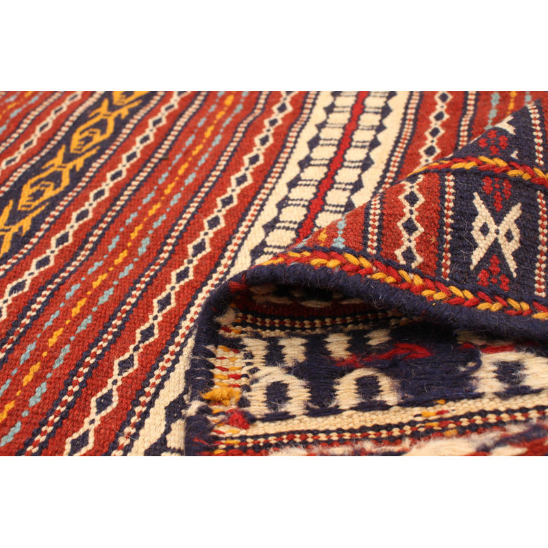 Tapis rouge / beige en laine tissé à la main et à plat