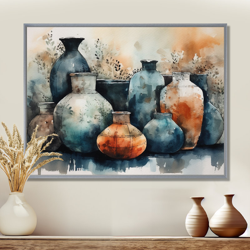 Art mural bleu et orange Kamani - art mural Boho Pottery II, H 12 po x l 20 po x P 1 po, Encadrement argenté