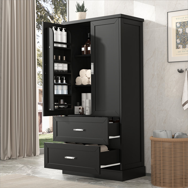 Grande armoire de rangement pour salle de bain, armoire avec deux portes et tiroirs, tablette réglable, panneau de fibres à densité moyenne