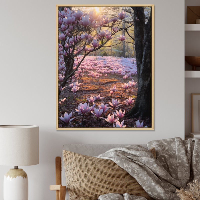 Magnolias roses, photo sur toile, Cadre naturel flottant, H 44 po x l 34 po x P 1,5 po