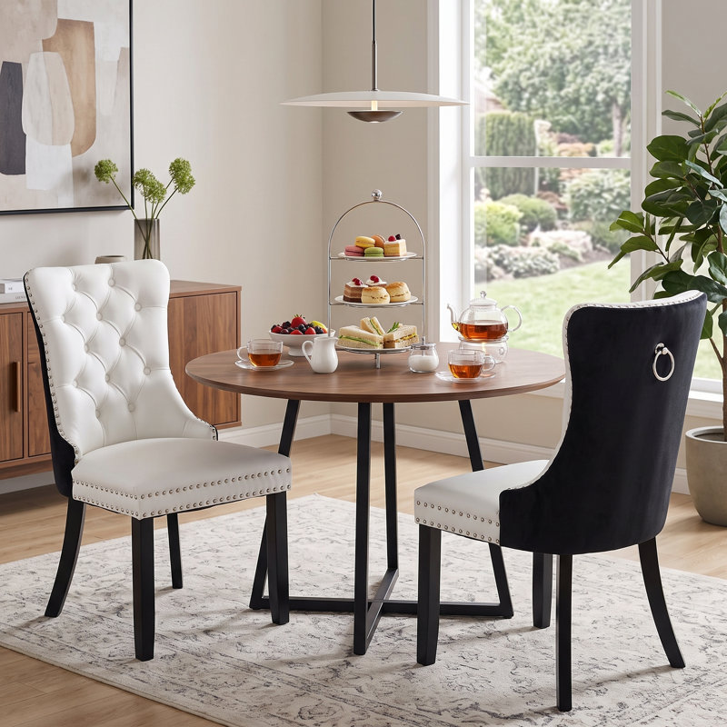 Modern Tufted Upholstered Parsons Dining Chair with Nailhead Trim, Black, Linen White/Black