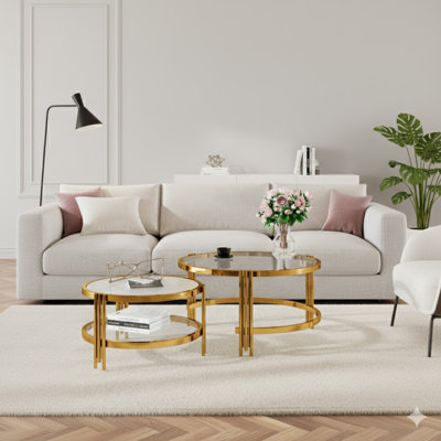 Modern 2 - Piece Gold Finish With Textured Glass Coffee Table Set, Nesting Coffee Table With Tempered Glass For Living Room, 32.75"