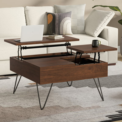 Hunter 32"W Walnut Veneer and Metal Industrial Square Lift Top Coffee Table with Dual Lift Tops and Hidden Storage
