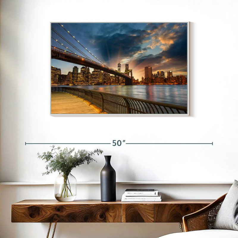Soleil de Brooklyn Bridge, Cadre flottant blanc, 37 po x 25 po