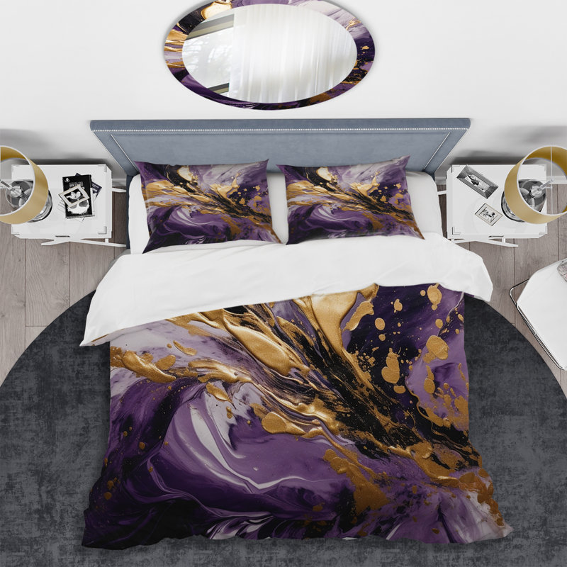 Ensemble de housse de couette en microfibre / polyester mauve et doré liquide Magic II