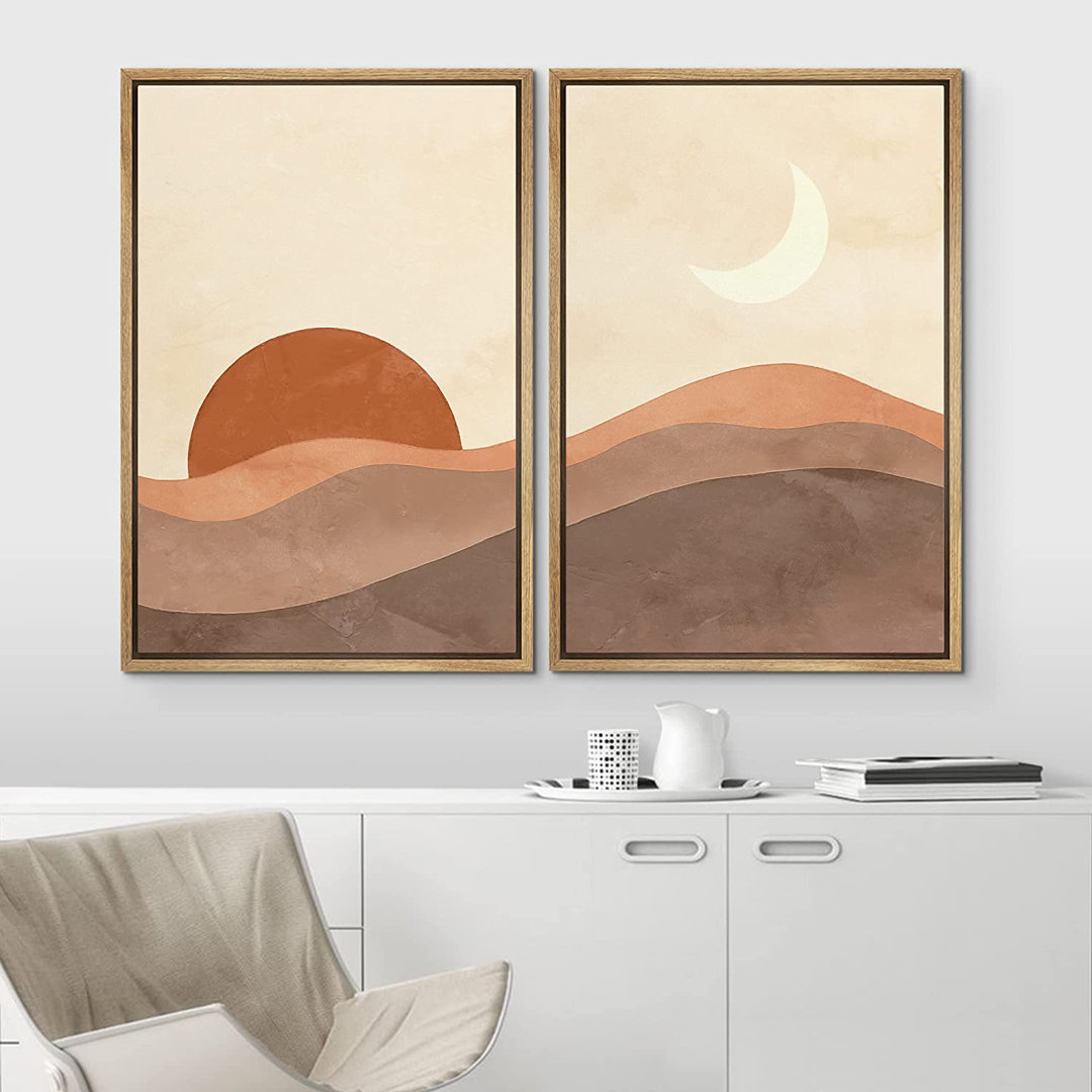 Sun & Moon Dune Minimal Landscape Modern Neutral Boho Decor Framed Canvas 2 Pieces Print Wall Art IDEA4WALL Frame 