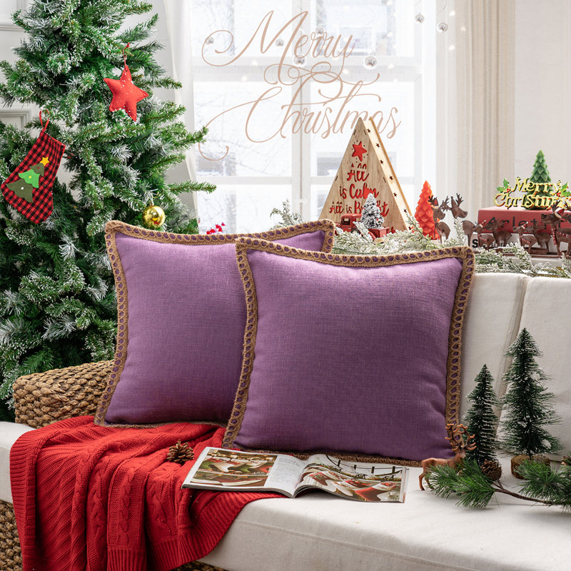 Purple Linen Farmhouse Embroidered Square Throw Pillow Set
