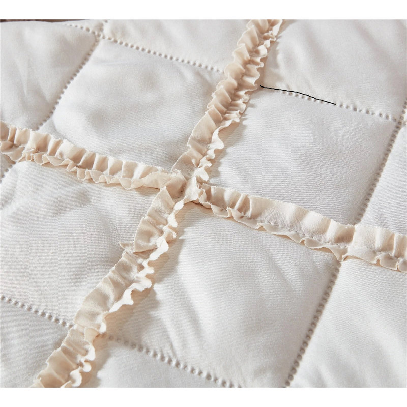 Luxury Quilted Modern Ruffle Bedspread Box Pattern Soft Comforter  Bedding Set With Pillow Shams, Beige, Double