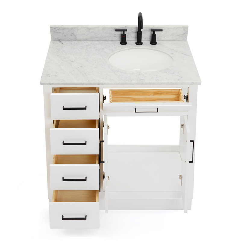 Meuble-lavabo simple Jameal de 36 po en bois massif avec comptoir en marbre de Carrare de 0,75 po et lavabo ovale dÃ©calÃ© Ã  droite