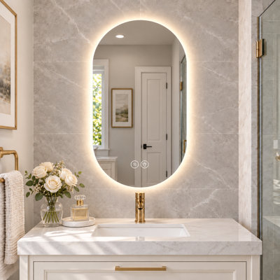 Modern LED Lighted Bathroom Mirror with Defogger, Dimmable 3-Color Lighting & Shatter-Proof Glass