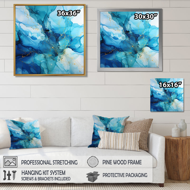 Turquoise marée de bonheur - art mural abstrait encre liquide, Cadre flottant noir, H 16 po x l 16 po x P 1 po