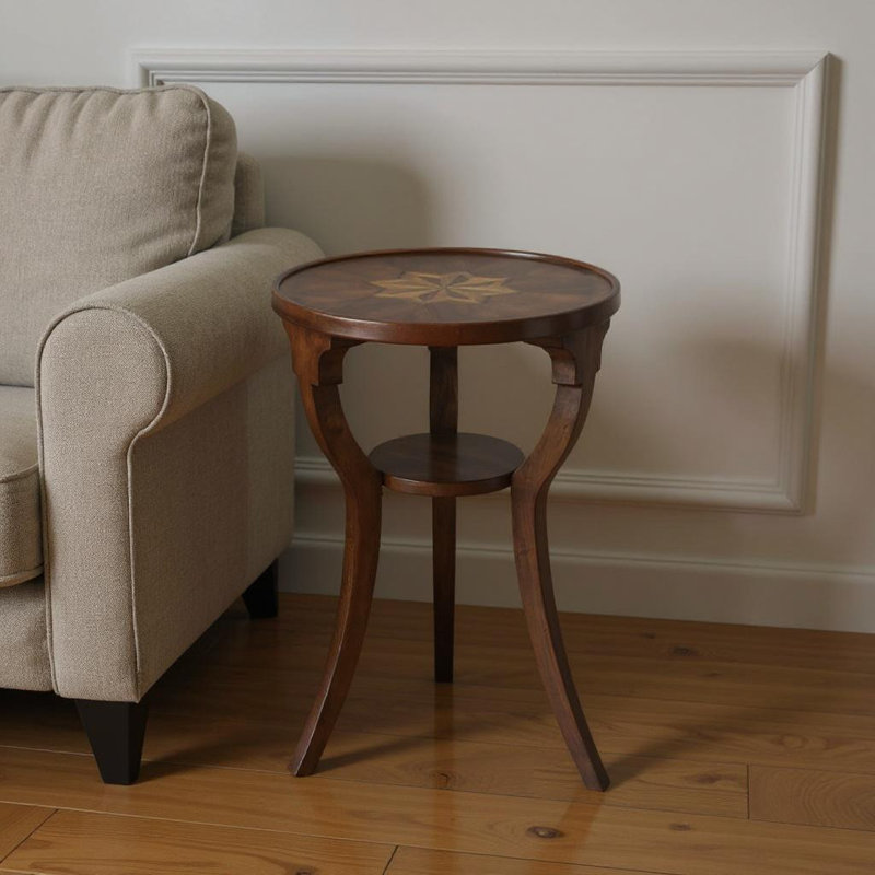  Table de bout ronde transitionnelle en bois de cerisier de 24 po avec tablette