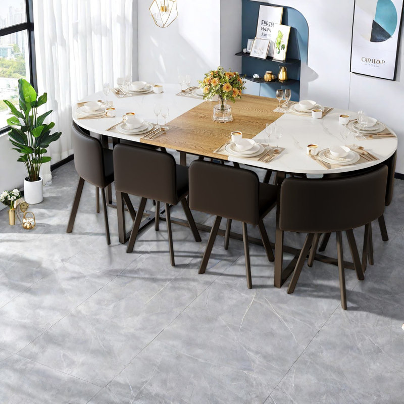 Ensemble de table de salle à manger moderne 9 pièces avec plateau en marbre et chaises en cuir