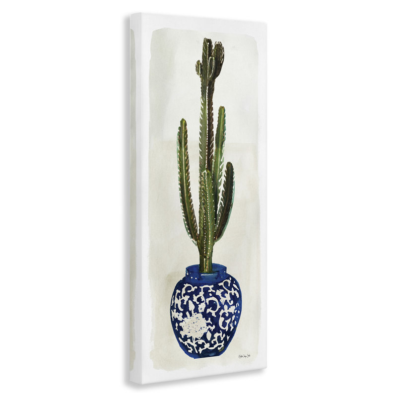 «Cactus in Blue Ornate Vase Succulent Still Life» par Stellar Design Studio - impression d'art graphique, H 24 po x l 10 po