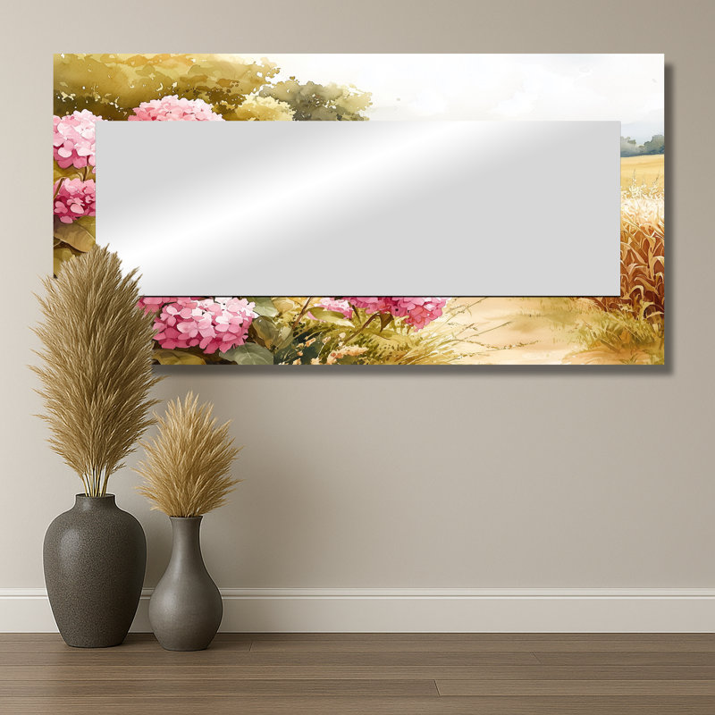 Hortensias dans le champ de maïs - Art mural miroir floral - imprimé sur métal, 28 po x 55 po