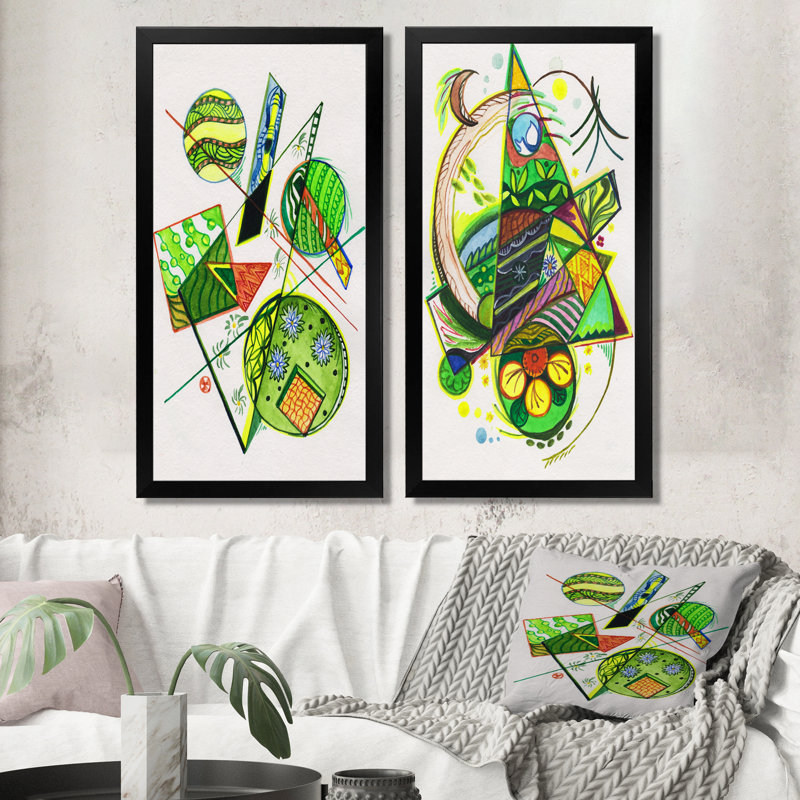«Geometric Green Large Triangles», ensemble de 2 photographies sur toile, H 32 po x l 32 po x P 1 po, Cadre photo noir