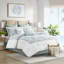 Édredon double en blanc - jupe de lit rembourrée 100% coton avec broderie sur le thème de la plage et 2 taies décoratives-122456406