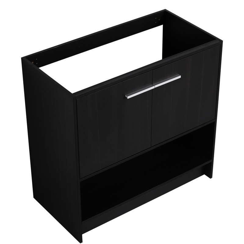Meuble-lavabo de 36 po en contreplaqué de chêne noir, autoportant, 2 portes, à rayures, assemblage simple autoportant avec installation
