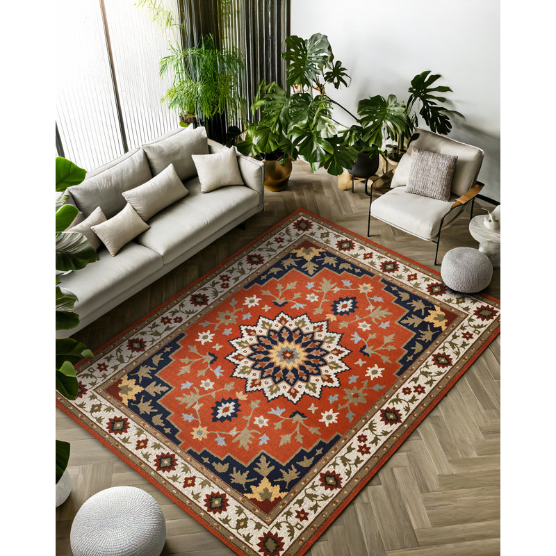 Jazeera Collection Digital Print Cotton-Polyester Orange Floral Rug, Runner 3'4" x 9'11"