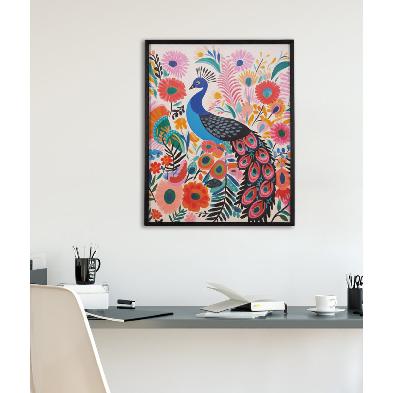 Art moderne paon vibrant moderne, H 16,65 po x l 20,65 po, Cadre noir