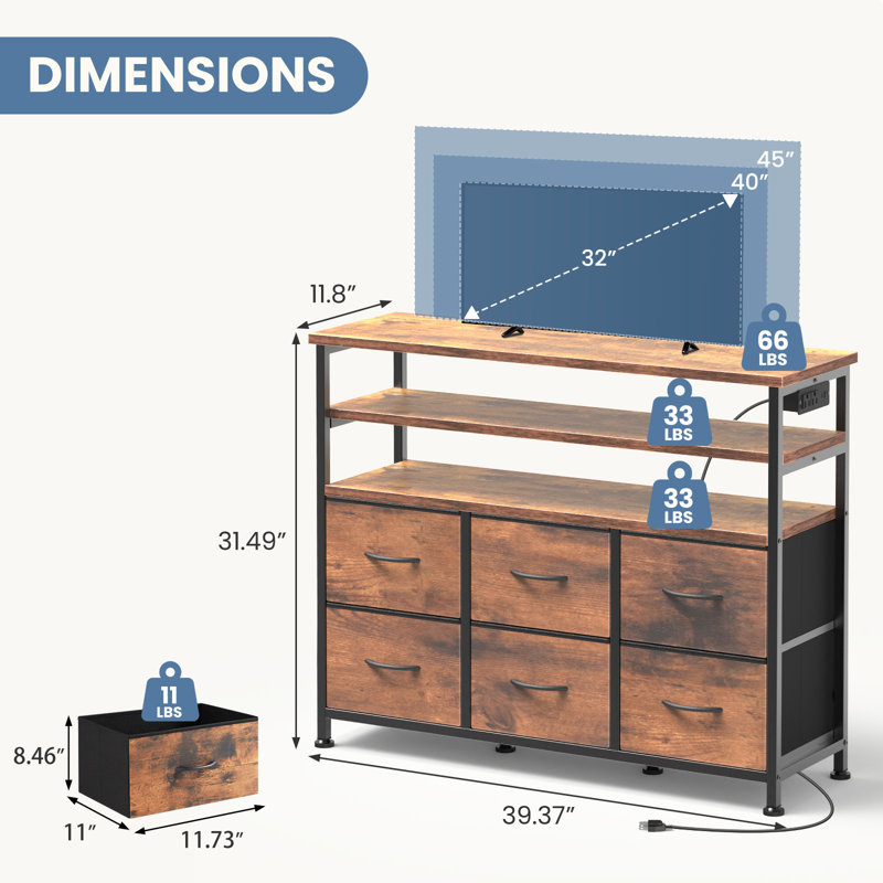 6 Fabric Drawers Dresser with Open Shelves, TV Stand with LED Lights and Charging Station, Entertainment Center, Media Console Table