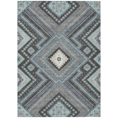 5' X 8' Pewter Charcoal And Sky Blue Tribal Washable Indoor Outdoor Area Rug