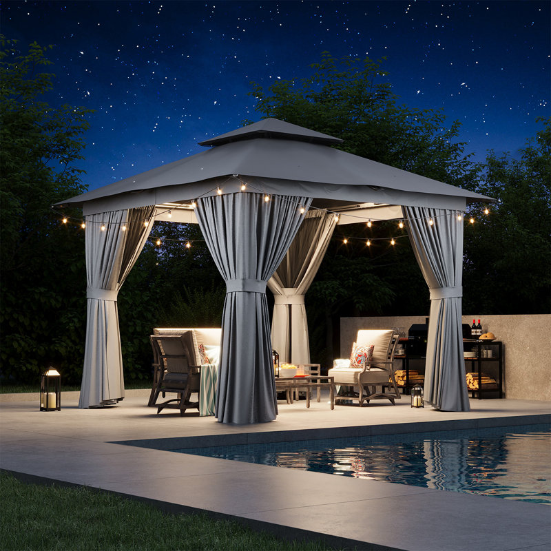 Jolydale  Outdoor Soft Top Gazebo with Double Roof, Canopy Gazebo with Mosquito Netting and Curtains, Suitable for Patios, Lawn and Backyard