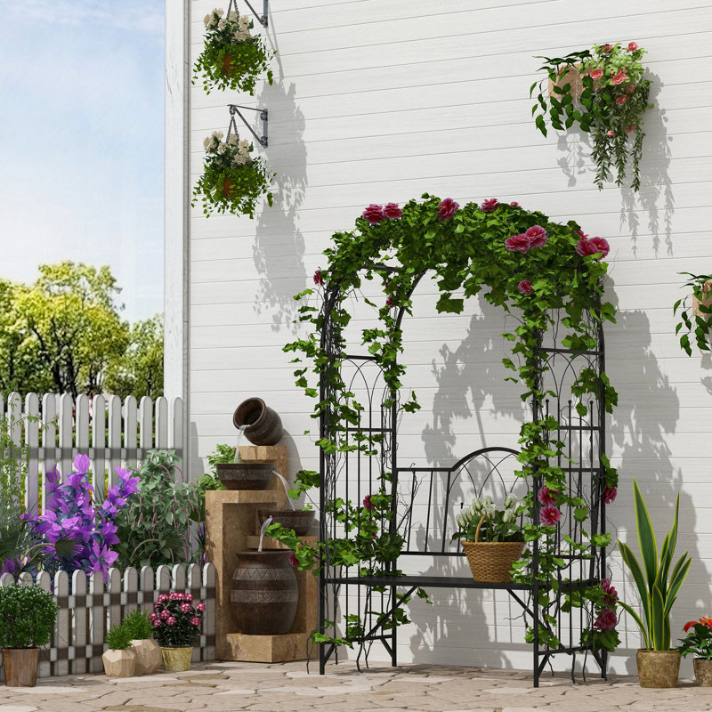 Treillis de jardin en métal avec banc intégré - Capacité de charge : 220 kg, arche extérieure avec banc pour deux personnes pour la culture de plantes grimpantes, noir