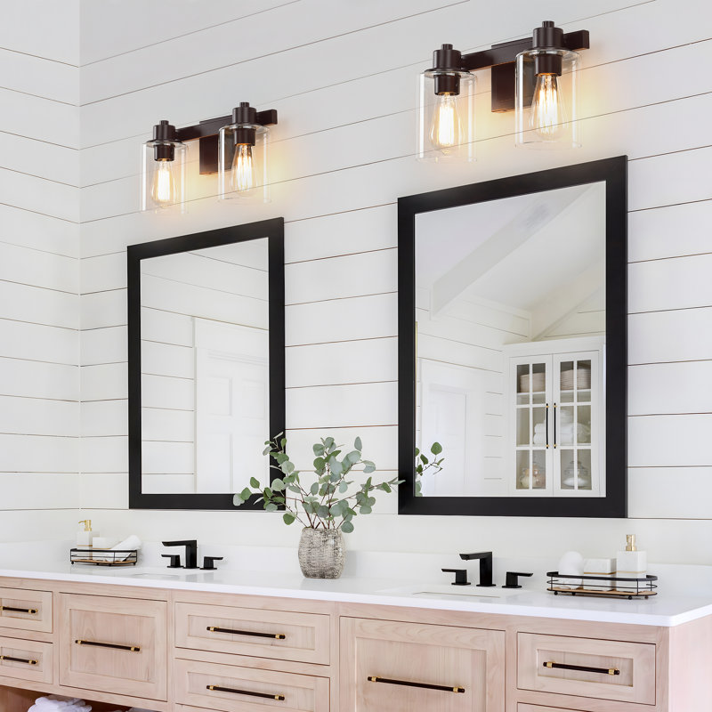 Éclairage pour salle de bain 14 po à 2 lumières en bronze huilé avec abat-jour en verre, Deux lumières