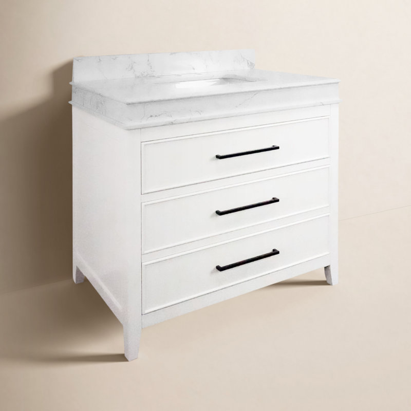 Meuble-lavabo simple 36 po avec plateau en pierre d'ingénierie Bayla, Blanc