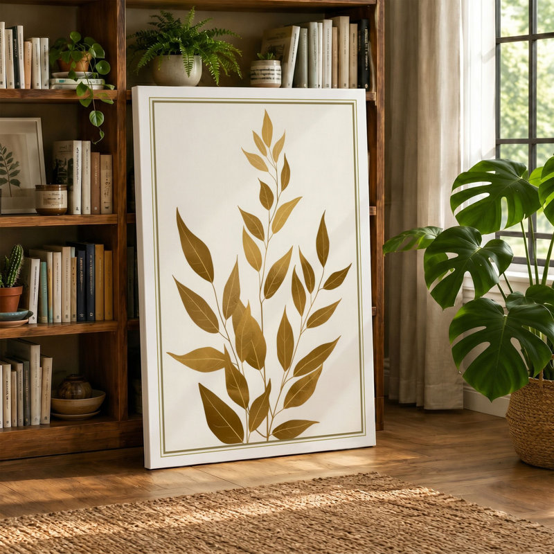 Single Stem in Gold Botanical - Wrapped Canvas, 36x24 - 91.4 x 61.0 cm, Black Border