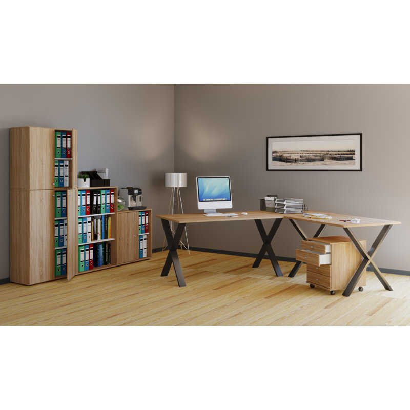 Avey L-Shaped Writing Desk, 76cm H x 190cm W x 50cm D, Light brown/Black