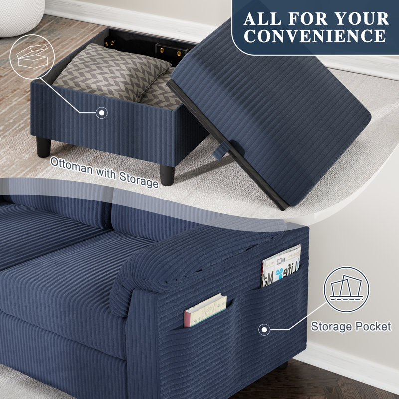 79" Upholstered L-Shaped Sofa with Ottoman , Blue Corduroy