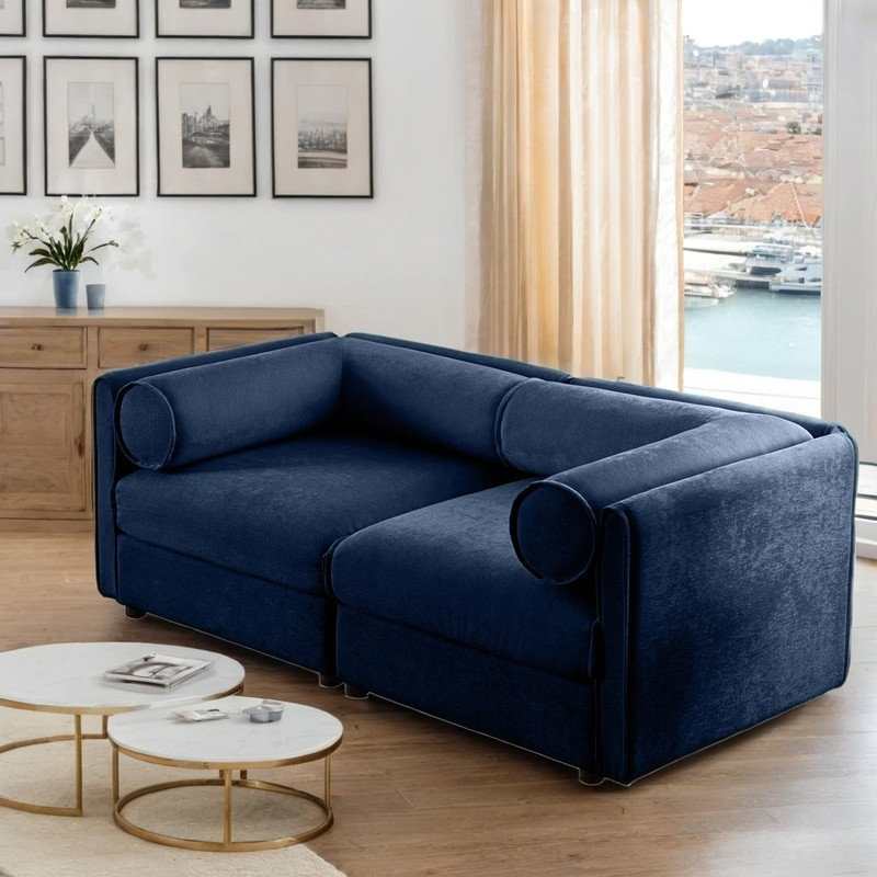 Canapé 2 places en chenille avec support ergonomique et rangement intégré, Bleu