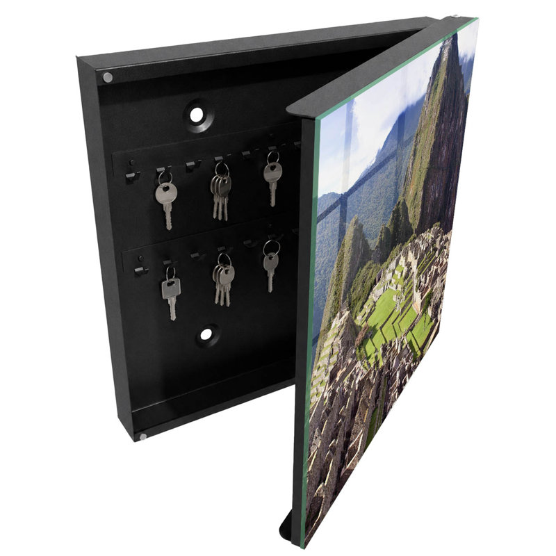 Decorative key box for wall, Opens to the right, 30x30x5, White, Majestic mountains and stone buildings, 
