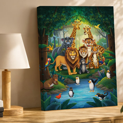 Reproduction d'art sur toile, "Scène animée" représentant un groupe d'animaux divers réunis autour d'un ruisseau serein dans une forêt luxuriante