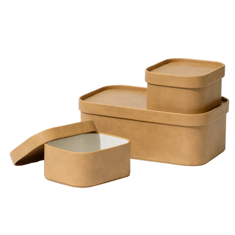 Corrugated Paper Rectangular Storage Box With Vegan Leather Lid Set 3, Camel