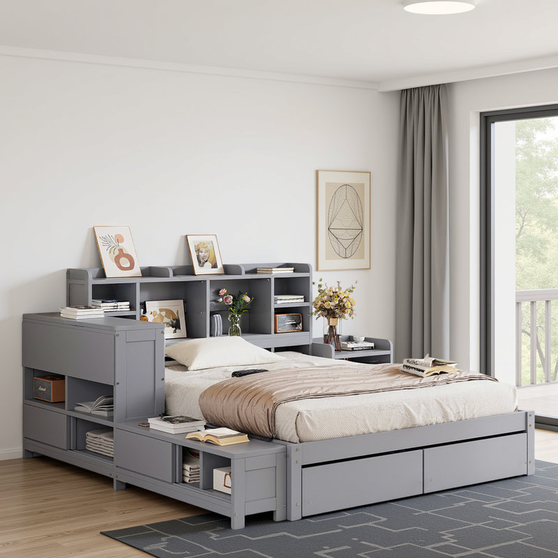 Lit plateforme multifonctionnel en bois avec rangement, bureau intégré, USB et table de chevet, Gris